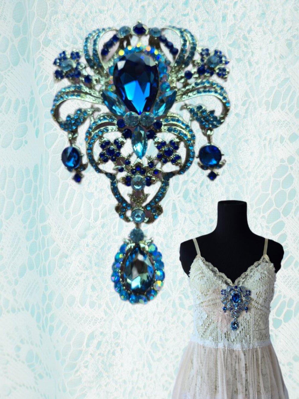 Bejewelled Blue Crystal Ornate Brooch Romantic Victorian Style